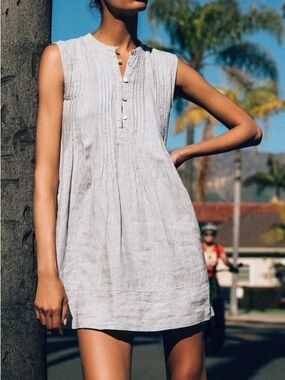 Faherty Light Gray Striped Isha Linen Sleeveless Midi Dress